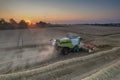 aerial view combine harvester cut thresh wheat grain in large field at early sunset in summer time Royalty Free Stock Photo