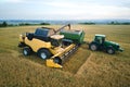 Aerial view of combine harvester unloading grain in cargo trailer working during harvesting season on large ripe wheat Royalty Free Stock Photo