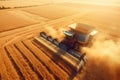 Aerial view of combine harvester in vast wheat field