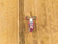 Aerial view on the combine working on the large wheat field. Haymaking and harvesting in early autumn on the field. Tractor mows