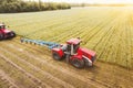 Aerial view on the combine working on the large wheat field. Haymaking and harvesting in early autumn on the field