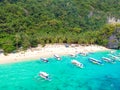 Aerial view of 7 Commando Beach on paradise island, tropical travel destination, El Nido, Palawan, Philippines