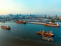 Aerial view of commercial ship and container dock in chaopraya