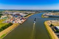 aerial view commercial ship crossing the River Rhine in an area