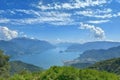 aerial view of Como Lake landscape in beautiful summer day, trees, water and mountains, Italy, Europe, concept romantic vacation Royalty Free Stock Photo