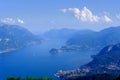 aerial view of Como Lake landscape in beautiful summer day, trees, water and mountains, Italy, Europe, concept summer vacation, Royalty Free Stock Photo