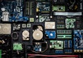 Aerial view of computer electronics componets parts flatlay```````` Royalty Free Stock Photo