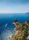 Aerial view of Conca dei Marini beach,Tovere. Beautiful bay and famous resort near Amalfi, Torre Capo di Conca. Vertical photo. Royalty Free Stock Photo