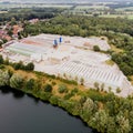 Aerial view of a concrete plant for the production of concrete, concrete pipes, sewer pipes, sewer shafts and walls for prefabrica