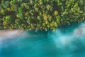 Aerial view coniferous forest and river drone landscape in Norway