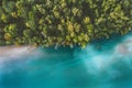 Aerial view coniferous forest and river drone landscape in Norway