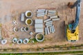 Aerial view with construction drainage system on concrete manholes are installed at constructed for draining stormwater Royalty Free Stock Photo