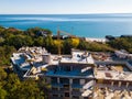 Aerial view of the construction of a massive beachfront hotel