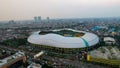 Aerial view of the Construction of new football stadium for upcomming Indonesia Team. Patriot Candrabhaga Stadium in the Bekasi. Royalty Free Stock Photo