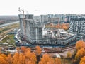 Aerial view for the construction of a  residential building, tower crane. Autumn, St. Petersburg, Russia Royalty Free Stock Photo