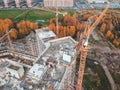 Aerial view for the construction of a residential  building, tower crane. Autumn, St. Petersburg, Russia Royalty Free Stock Photo