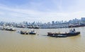 aerial view of container boat in chao praya river bangkok thailand Royalty Free Stock Photo