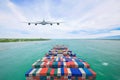 Aerial view container cargo ship and commercial plane for transport and logistic import export concept Royalty Free Stock Photo