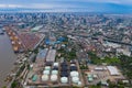 Aerial view of container cargo ship in the export, import business, logistics and transportation. International goods in urban Royalty Free Stock Photo