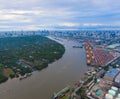 Aerial view of container cargo ship in the export, import business, logistics and transportation. International goods in urban Royalty Free Stock Photo