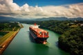 Aerial view of container cargo ship in the river with mountain background, container ship passing through the Panama Canal, AI Royalty Free Stock Photo