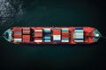 Aerial view of container cargo ship with working crane bridge in sea, Container ship in the sea. Top view, AI Generated Royalty Free Stock Photo