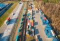 Aerial view of container loading and unloading at sunset Royalty Free Stock Photo