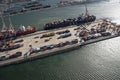 Aerial view of a container port with carrier ship alongside in South Africa