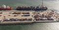 Aerial view of a container port with carrier ship alongside in South Africa