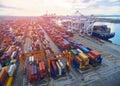 Aerial top view container in port warehouse waiting for export . Royalty Free Stock Photo