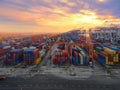 Aerial top view container in port warehouse waiting for export .