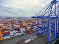 Aerial top view container in port warehouse waiting for export . Royalty Free Stock Photo