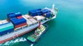 Aerial view container ship carrying container for import and export, business logistic and transportation by ship in open sea Royalty Free Stock Photo