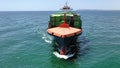 Aerial view of the spectacular bow of container ship JSP Rover, maneuvering in the port of Alicante.