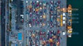 Aerial view container ship loaded in container terminal at night, Global business import export logistic and transportation, Royalty Free Stock Photo