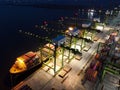 Aerial view of Container ship loading and unloading in deep sea port, logistic import and export freight transportation by Royalty Free Stock Photo