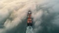 Aerial view of a container ship navigating through a dense fog relying on advanced navigation technology and skilled