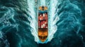 Aerial view of container ship navigating through vibrant ocean waves., ai generative Royalty Free Stock Photo