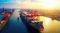 Aerial view container ship in port at container terminal port, Ship of container ship stand in terminal port on loading, unloading Royalty Free Stock Photo