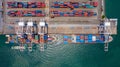 Aerial view container ship in port at container terminal port, Ship of container ship stand in terminal port on loading, unloading Royalty Free Stock Photo