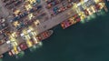 Aerial view container ship working at night terminal dock seaport, Global business company import export logistic transportation Royalty Free Stock Photo