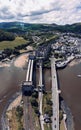 Aerial view of Conwy Castle with bridges. North Wales, United Kingdom. Royalty Free Stock Photo