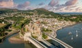 Aerial view with Conwy town and the medieval castle, the famous landmark of Wales and UK, Royalty Free Stock Photo