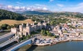 Aerial view with Conwy town and the medieval castle, the famous landmark of Wales and UK, Royalty Free Stock Photo