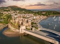 Aerial view with Conwy town and the medieval castle, the famous landmark of Wales and UK, Royalty Free Stock Photo