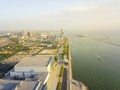 Aerial view Corpus Christi waterfront with sailboat along Shoreline Boulevard