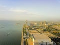 Aerial view Corpus Christi waterfront with sailboat along Shoreline Boulevard