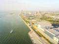 Aerial view Corpus Christi waterfront with sailboat along Shoreline Boulevard