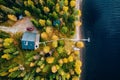 Aerial view of cottage in autumn colors forest by blue lake in rural Finland Royalty Free Stock Photo