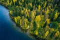 Aerial view of cottage in autumn colors forest by the blue lake in rural  Finland Royalty Free Stock Photo